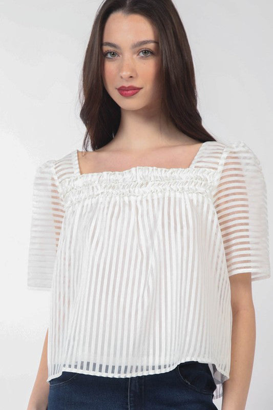 Puff sleeve Organza Stripe Sheer Blouse Top