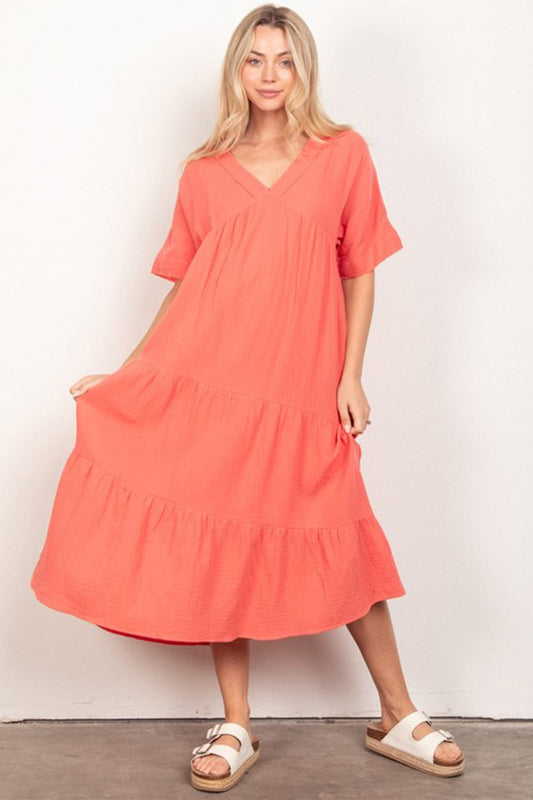 Frayed Detail Soft Crinkle Gauze Midi Dress