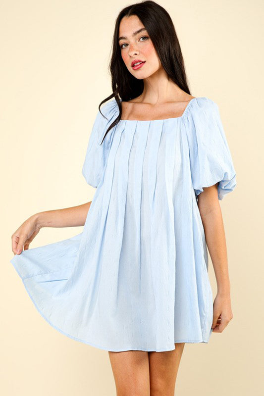 Puff Sleeve Pleated Mini Dress