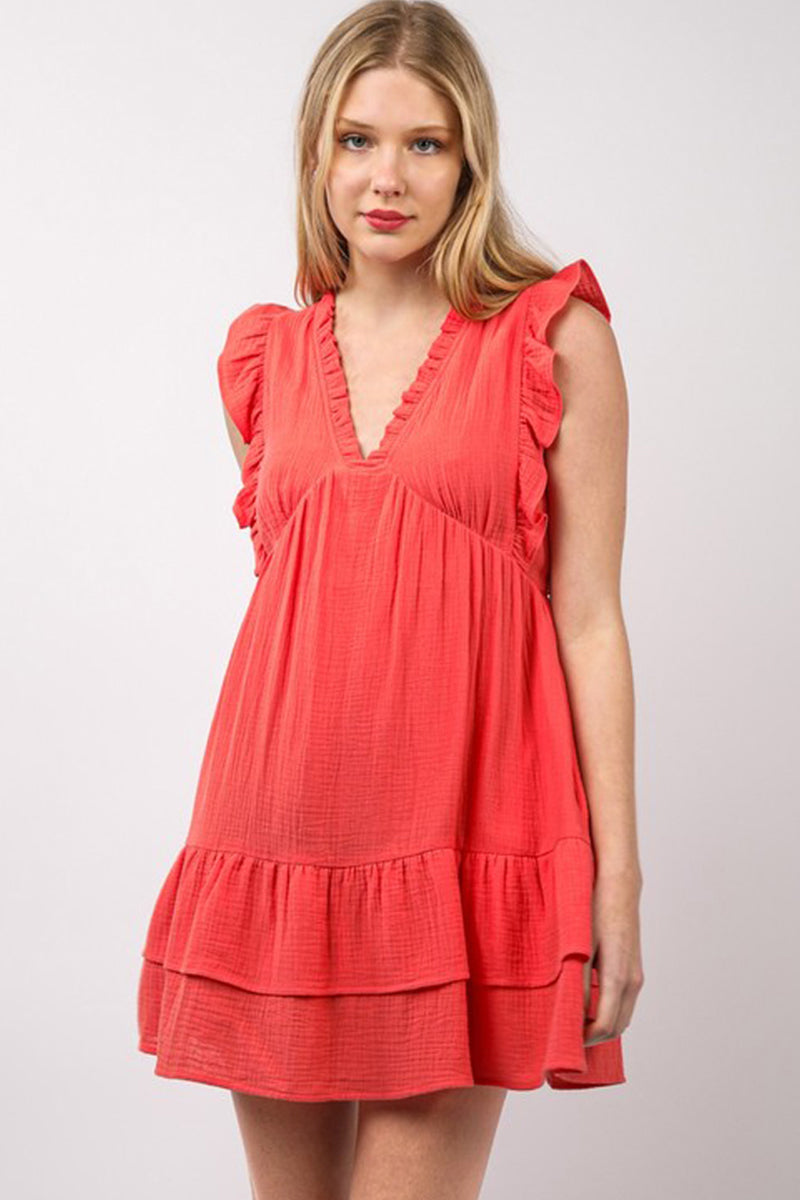 V-Neck Ruffle Woven Mini Dress