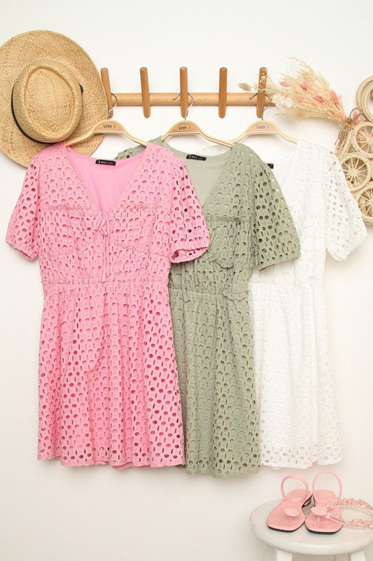 Puff Sleeve Eyelet Flare Mini Dress