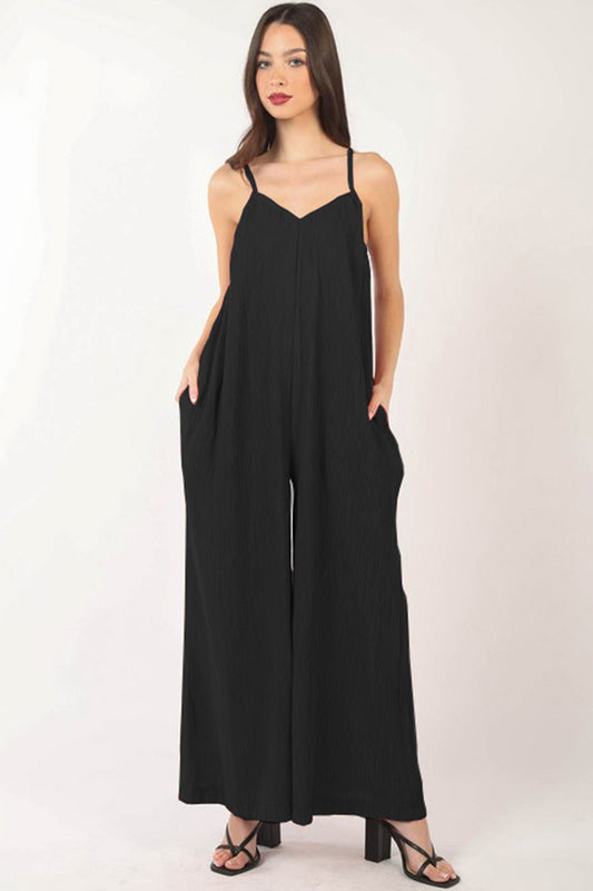 Sleeveless Pleated Wide Leg Jumpsuit with Pockets