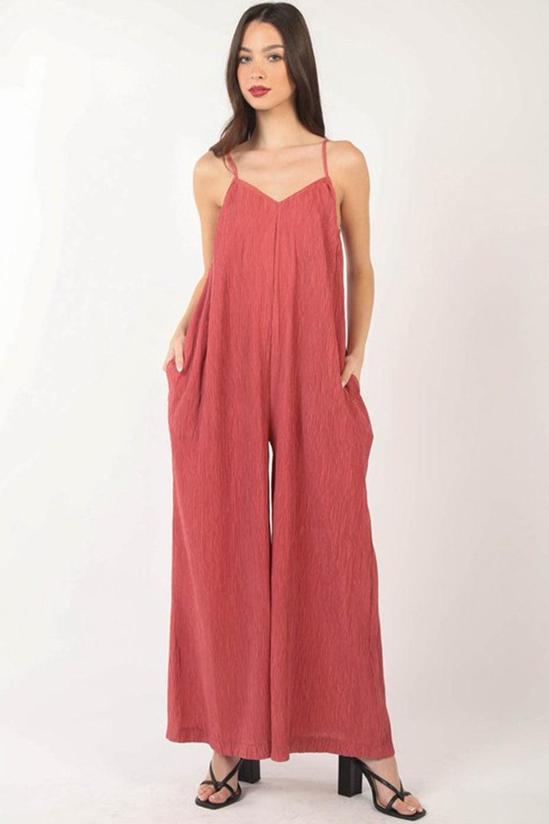 Sleeveless Pleated Wide Leg Jumpsuit with Pockets