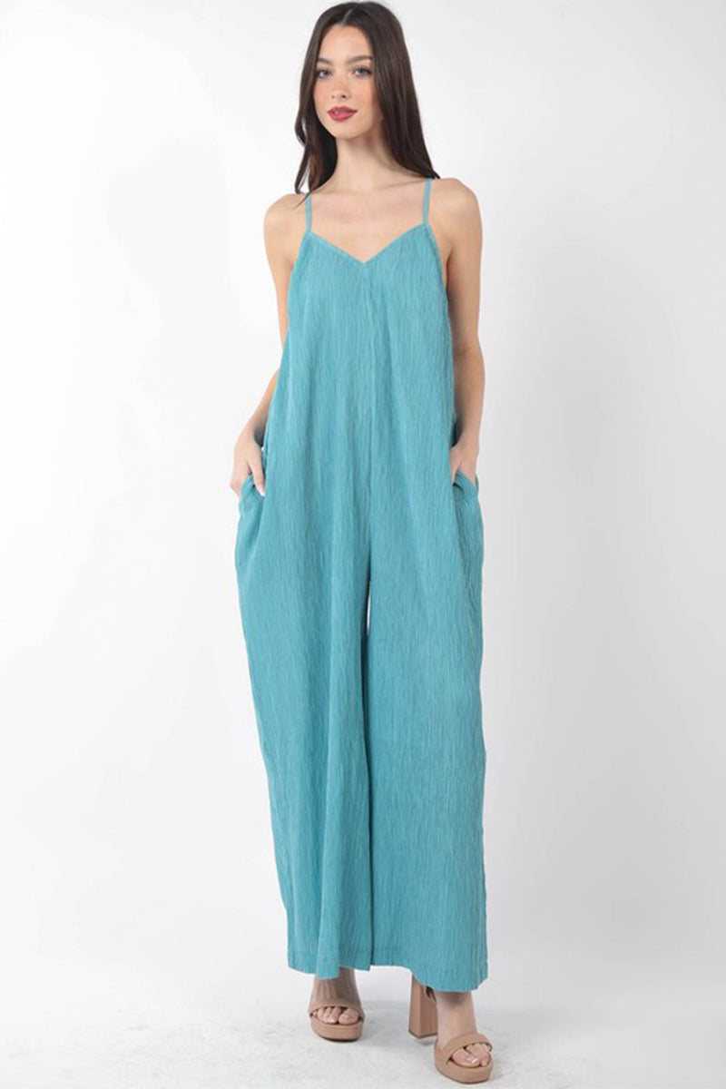 Sleeveless Pleated Wide Leg Jumpsuit with Pockets