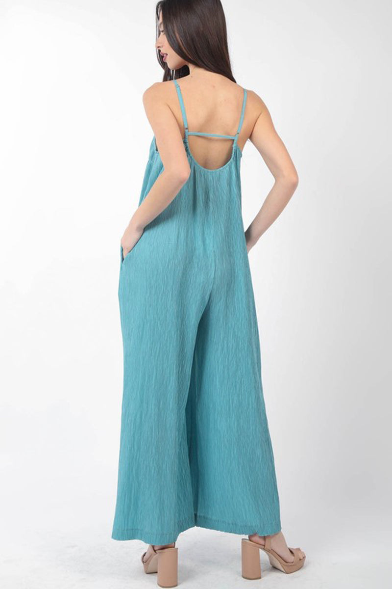 Sleeveless Pleated Wide Leg Jumpsuit with Pockets