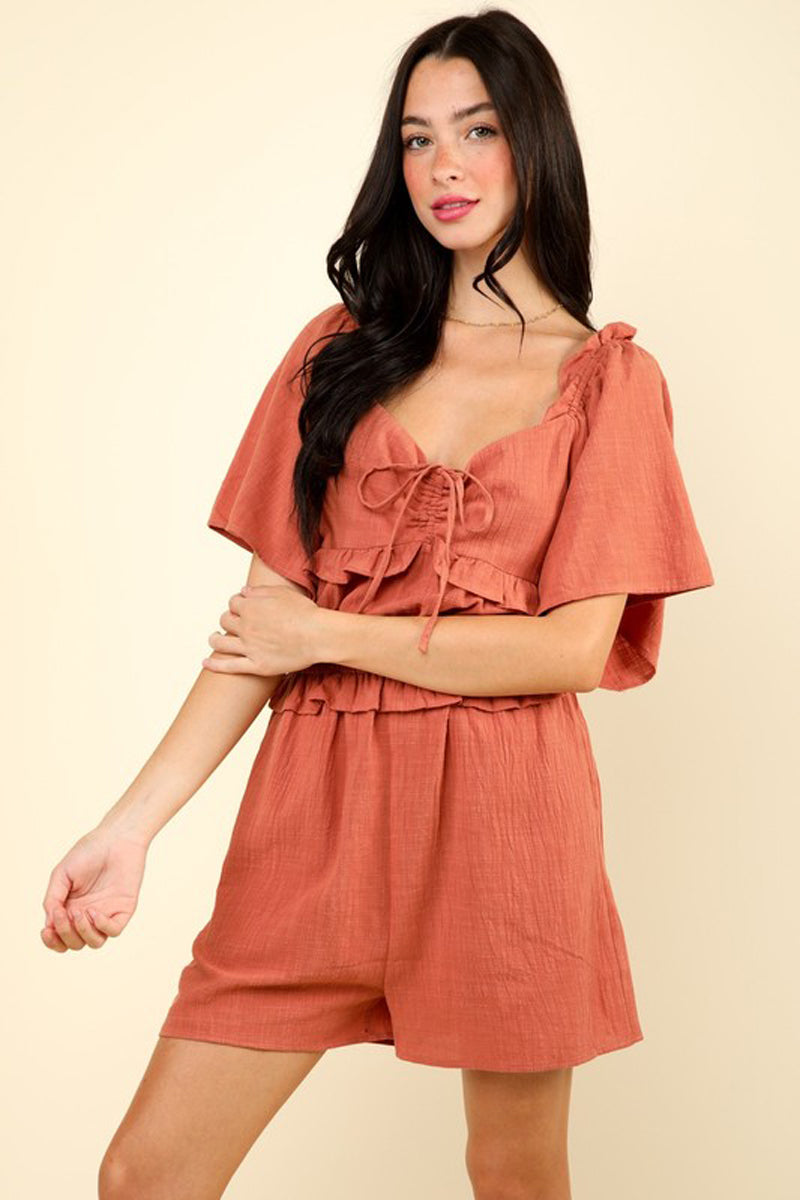 Sweetheart Neckline Solid Woven Romper