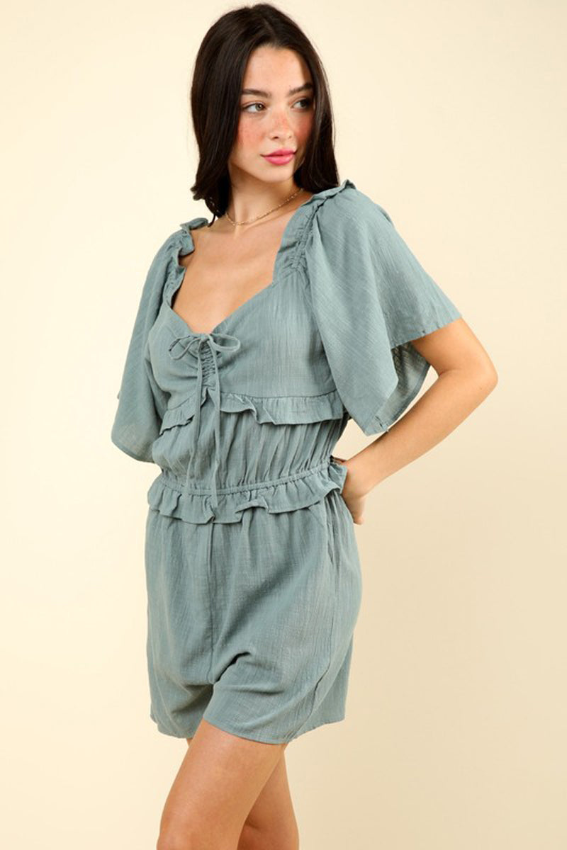 Sweetheart Neckline Solid Woven Romper