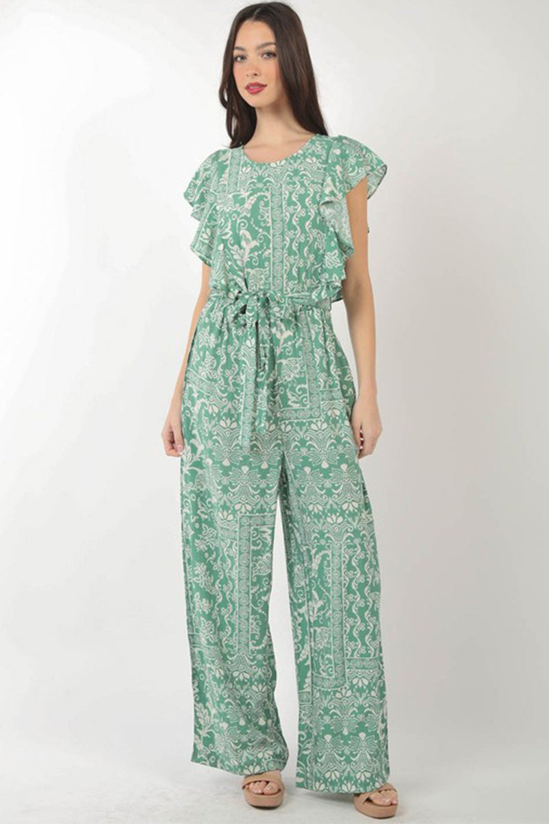 Printed Ruffle Sleeve Jumpsuit