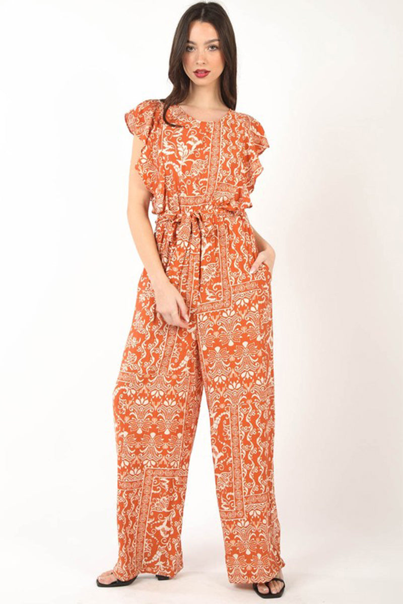 Printed Ruffle Sleeve Jumpsuit