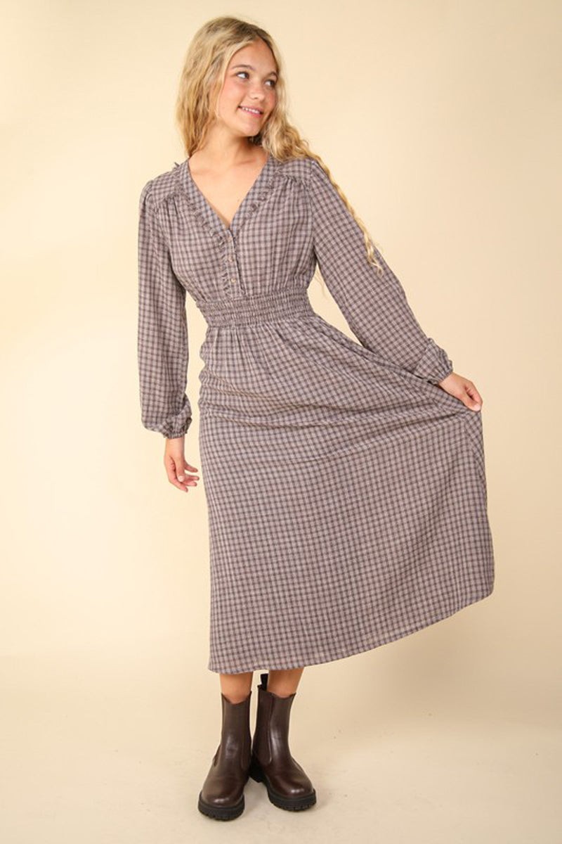 V-Neck Smocking Long Sleeve Plaid Midi Dress