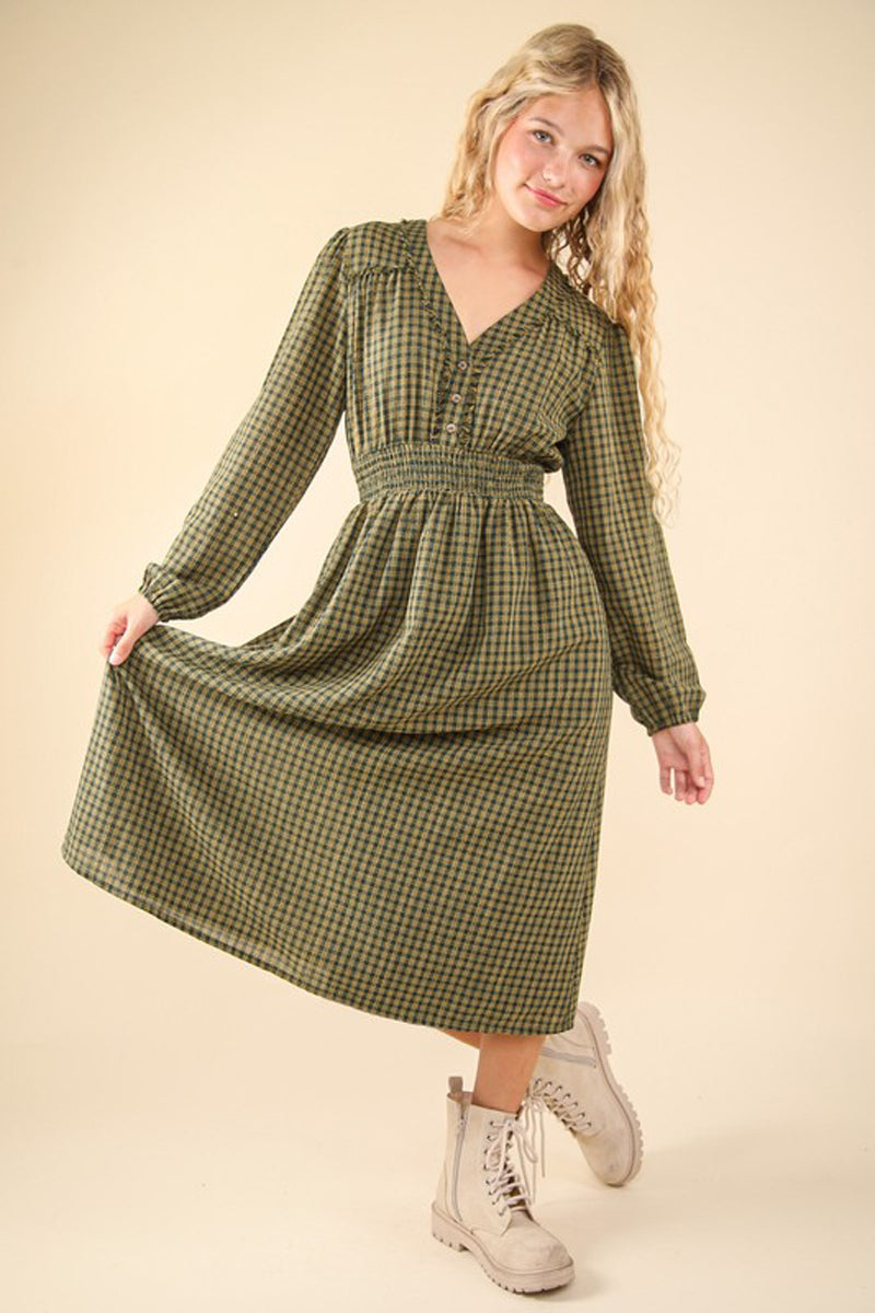 V-Neck Smocking Long Sleeve Plaid Midi Dress