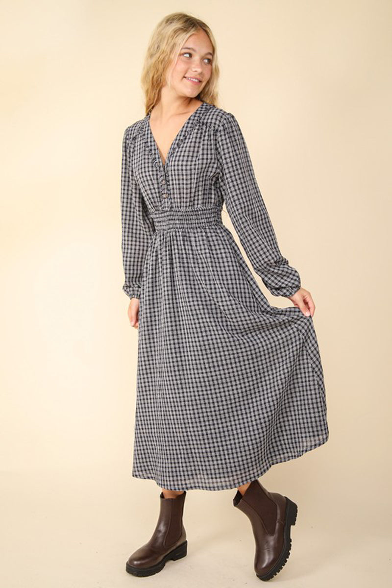 V-Neck Smocking Long Sleeve Plaid Midi Dress