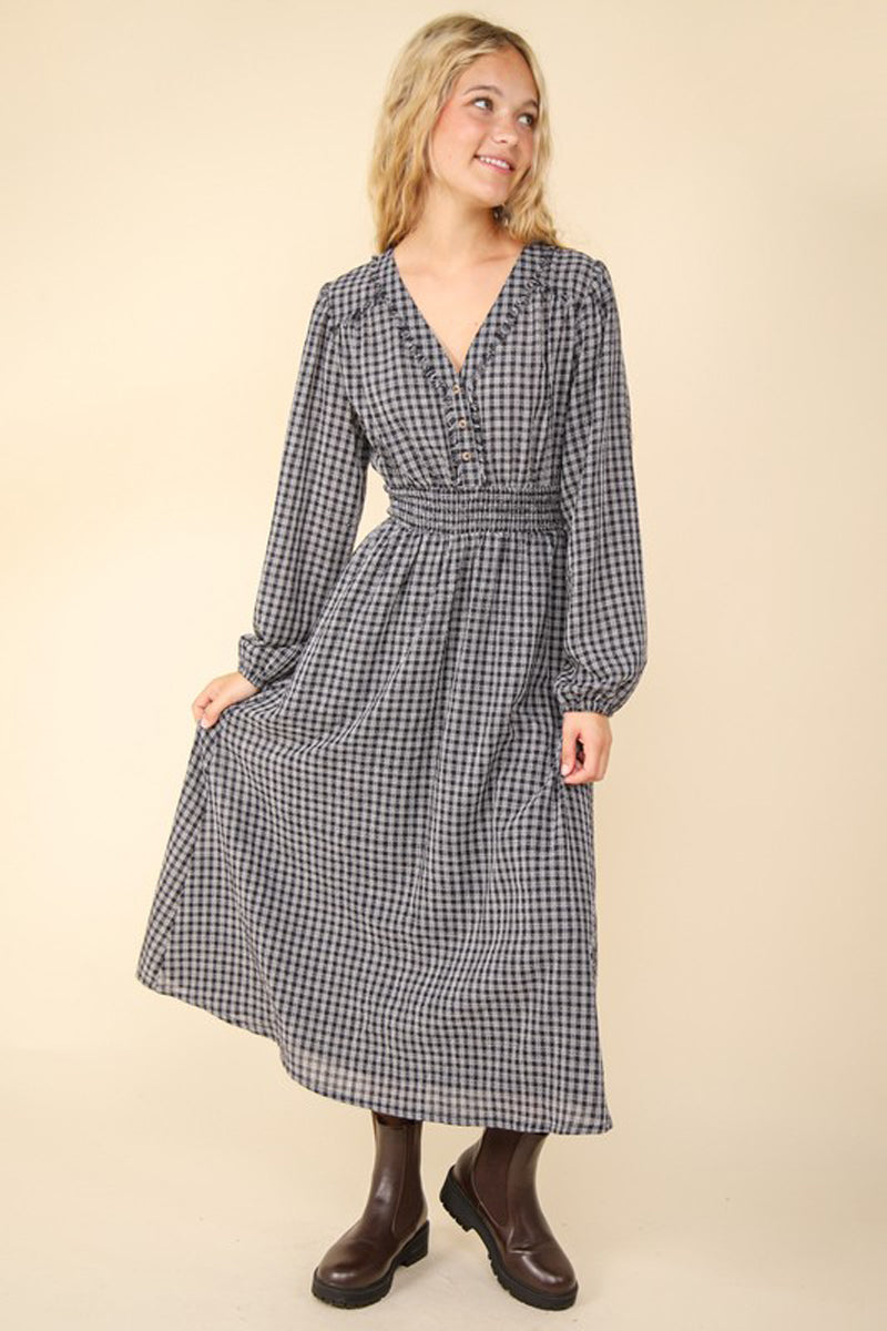 V-Neck Smocking Long Sleeve Plaid Midi Dress