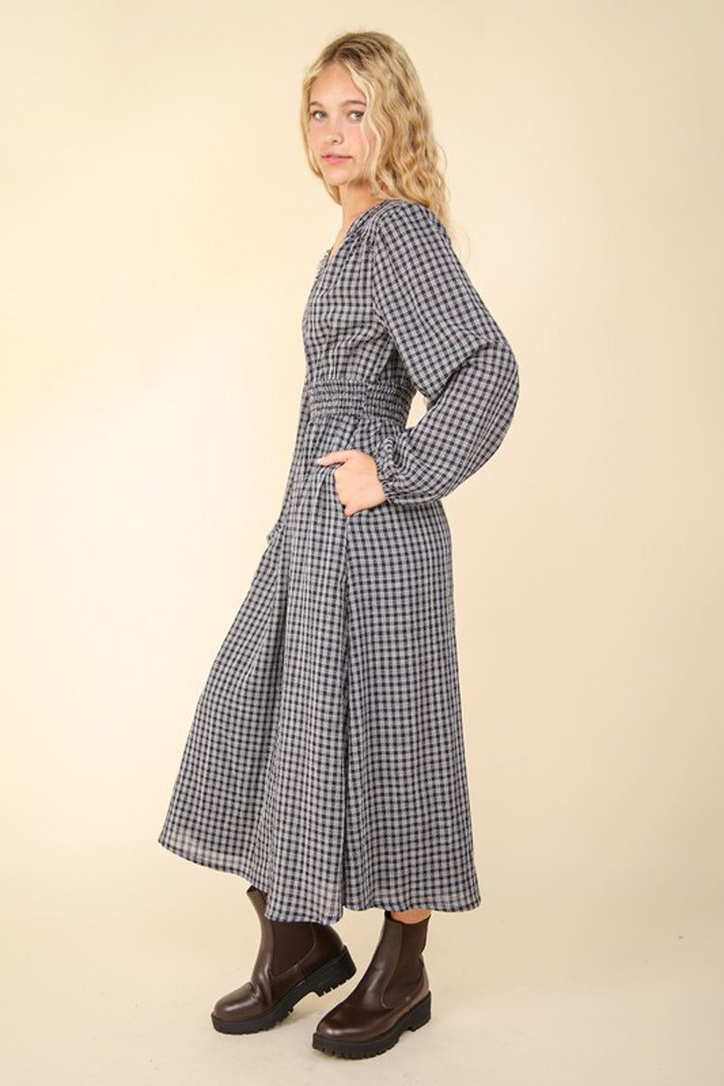 V-Neck Smocking Long Sleeve Plaid Midi Dress