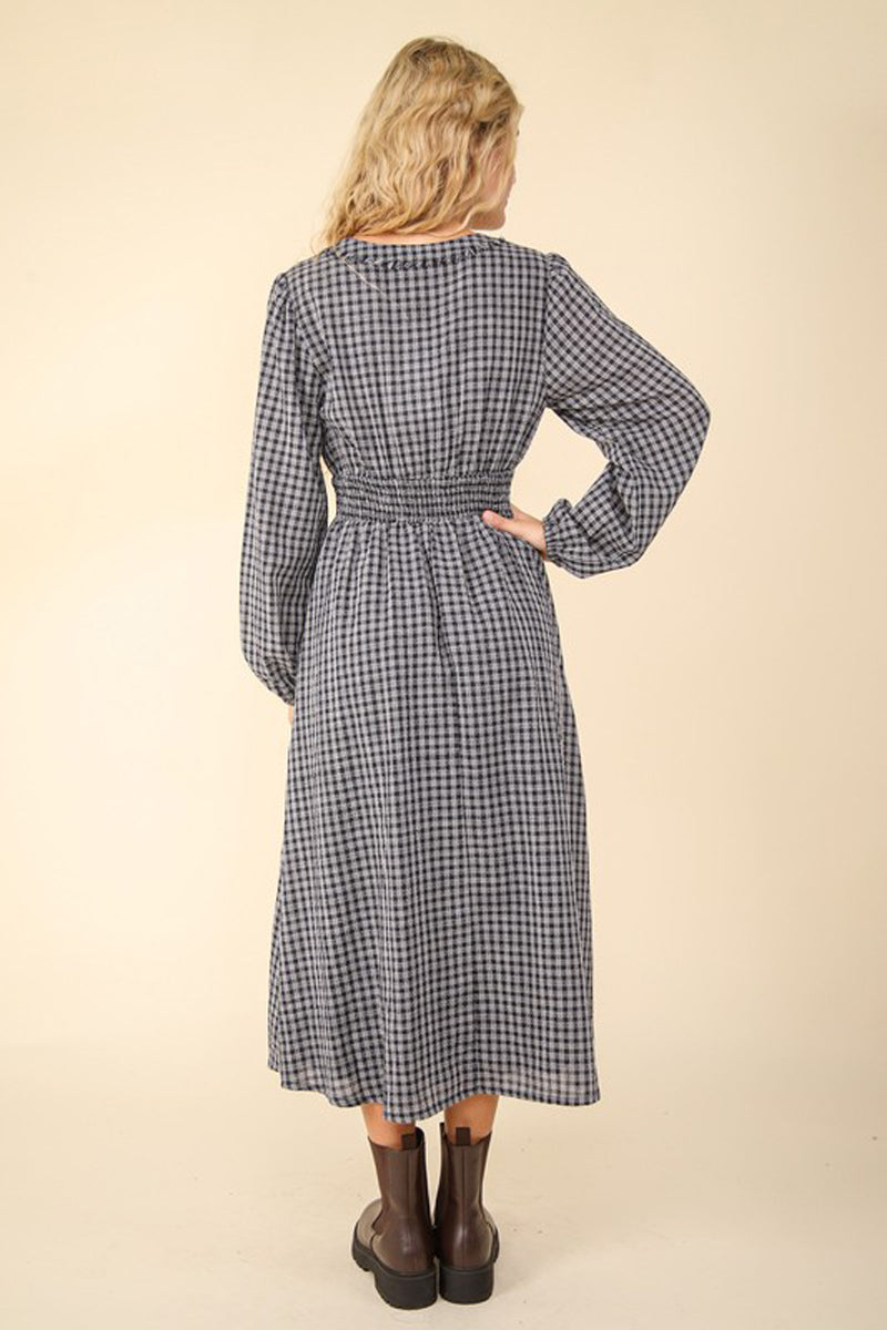 V-Neck Smocking Long Sleeve Plaid Midi Dress