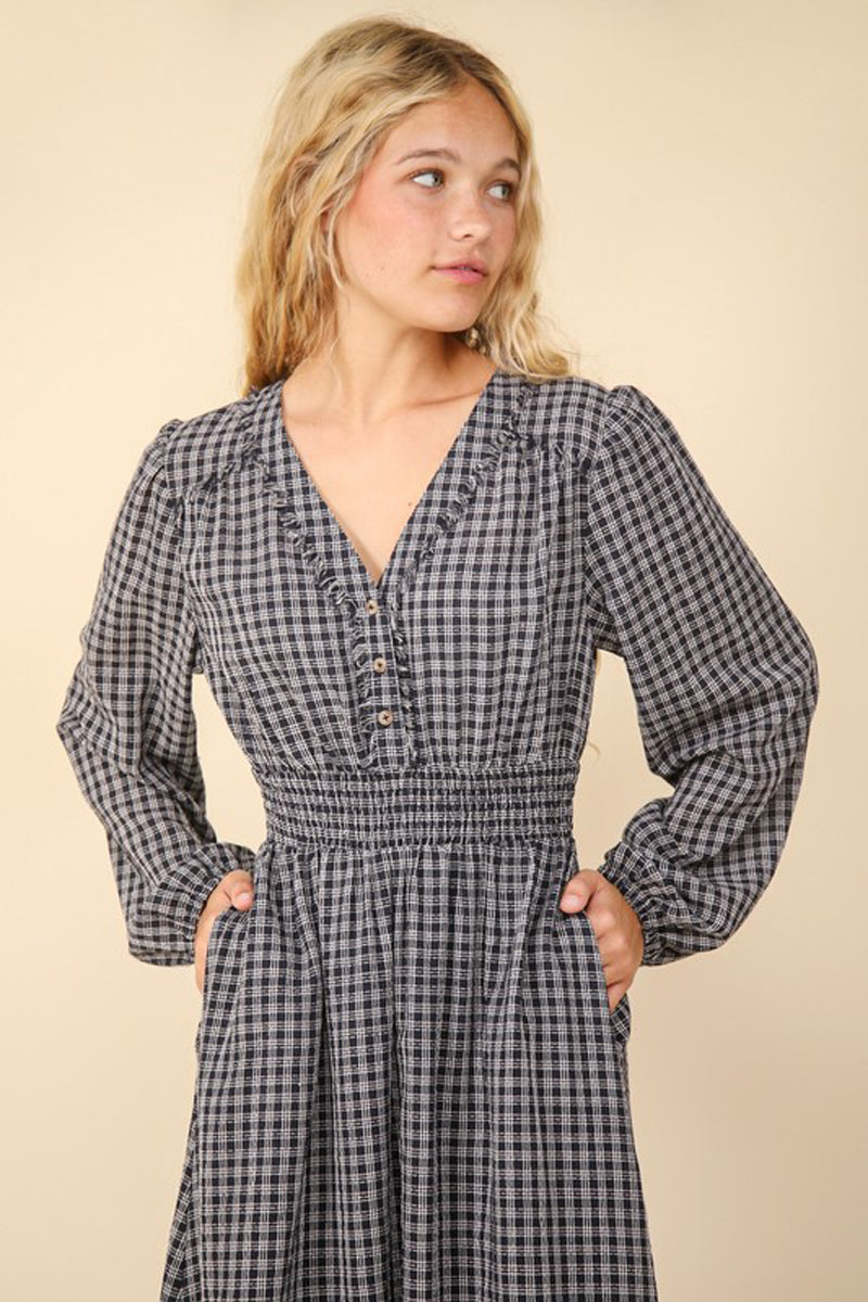 V-Neck Smocking Long Sleeve Plaid Midi Dress