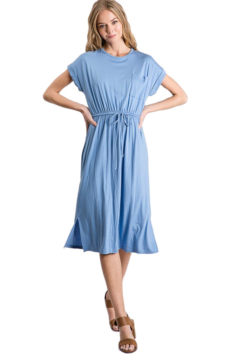 Short Sleeve Midi Dress with Drawstring Dress
